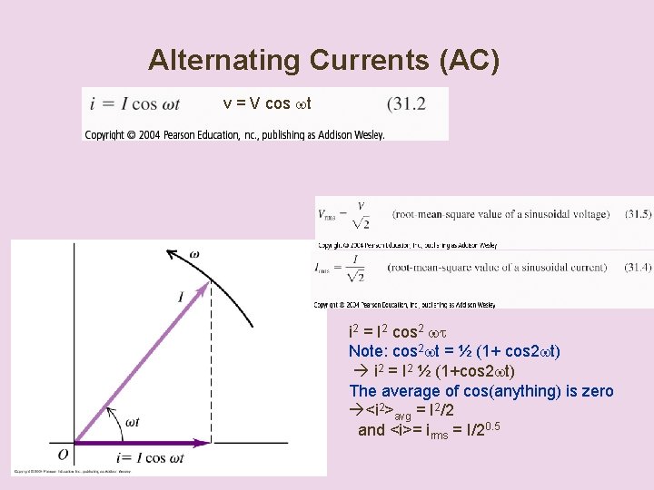  Alternating Currents (AC) v = V cos wt i 2 = I 2