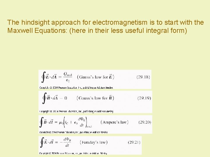  The hindsight approach for electromagnetism is to start with the Maxwell Equations: (here