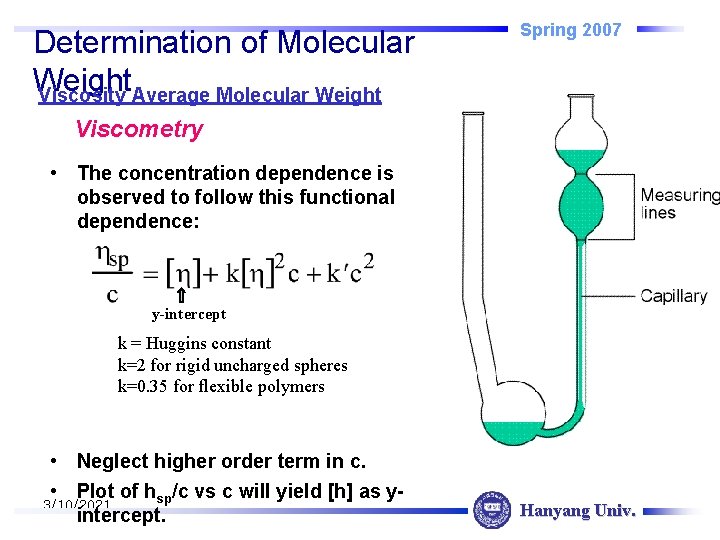 Determination of Molecular Weight Viscosity Average Molecular Weight Spring 2007 Viscometry • The concentration
