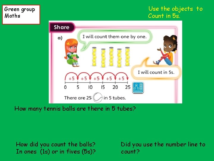 Use the objects to Count in 5 s. Green group Maths How many tennis