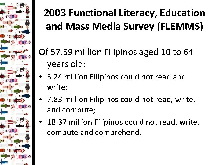 2003 Functional Literacy, Education and Mass Media Survey (FLEMMS) Of 57. 59 million Filipinos