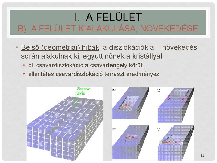 I. A FELÜLET B) A FELÜLET KIALAKULÁSA, NÖVEKEDÉSE • Belső (geometriai) hibák: a diszlokációk