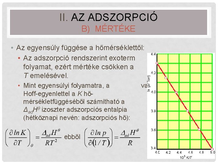 II. AZ ADSZORPCIÓ B) MÉRTÉKE • Az egyensúly függése a hőmérséklettől: • Az adszorpció