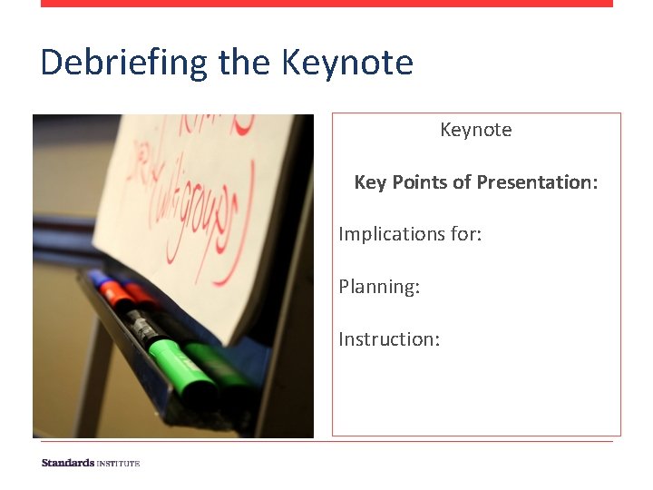 Debriefing the Keynote Key Points of Presentation: Implications for: Planning: Instruction: 