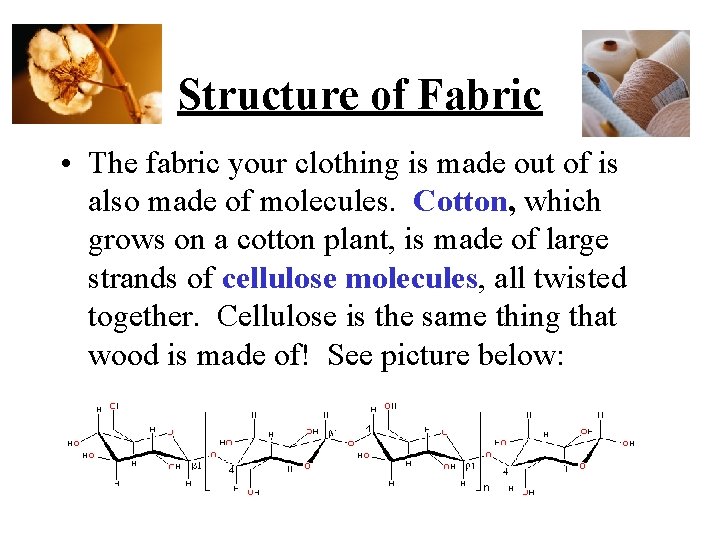 Structure of Fabric • The fabric your clothing is made out of is also