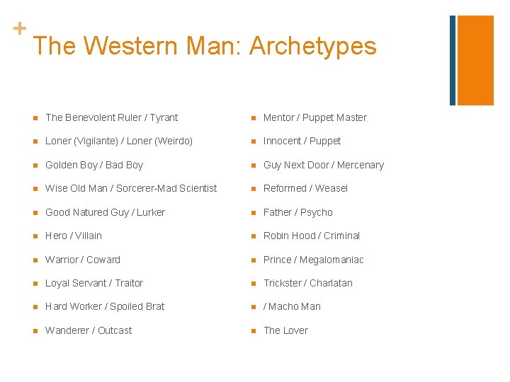 + The Western Man: Archetypes n The Benevolent Ruler / Tyrant n Mentor /