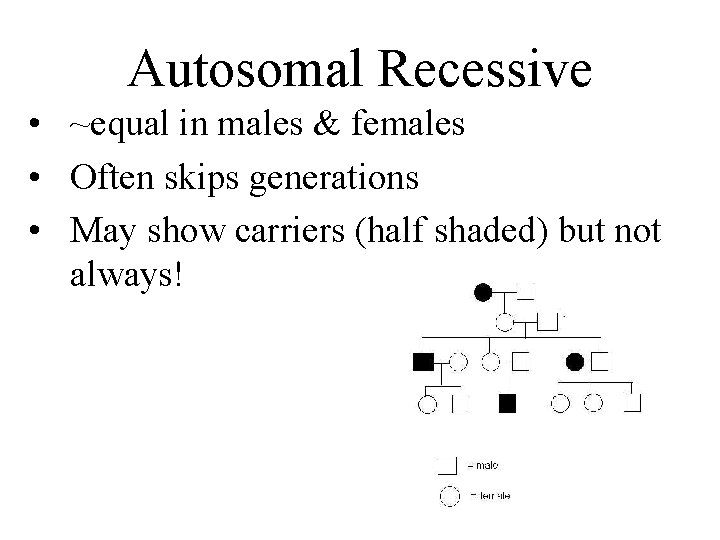Autosomal Recessive • ~equal in males & females • Often skips generations • May