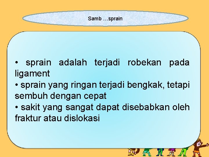 Samb …sprain • sprain adalah terjadi robekan pada ligament • sprain yang ringan terjadi