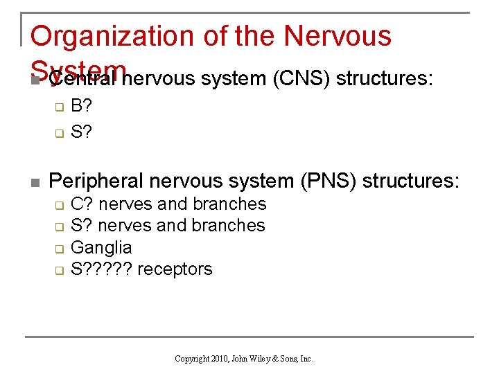 Organization of the Nervous System n Central nervous system (CNS) structures: q q n