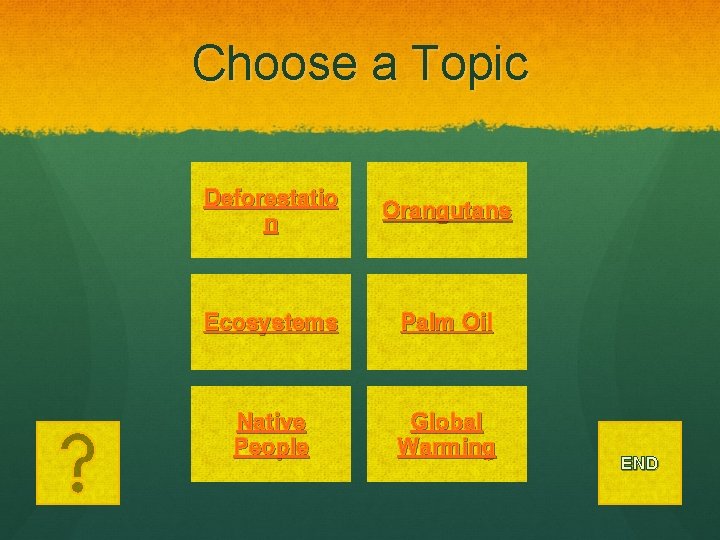 Choose a Topic Deforestatio n Orangutans Ecosystems Palm Oil Native People Global Warming END