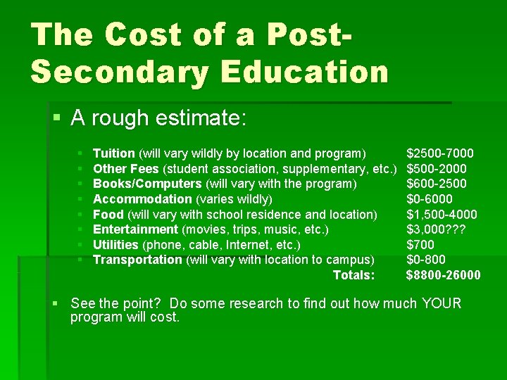 The Cost of a Post. Secondary Education § A rough estimate: § § §