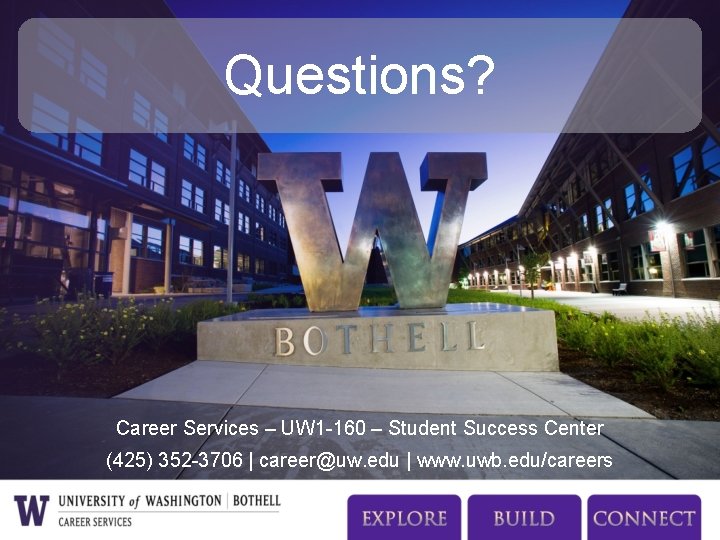 Questions? Career Services – UW 1 -160 – Student Success Center (425) 352 -3706