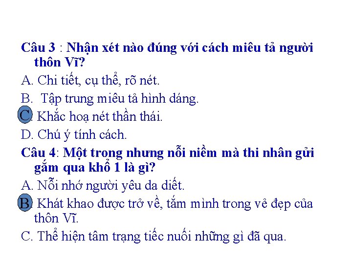 Câu 3 : Nhận xét nào đúng với cách miêu tả người thôn Vĩ?