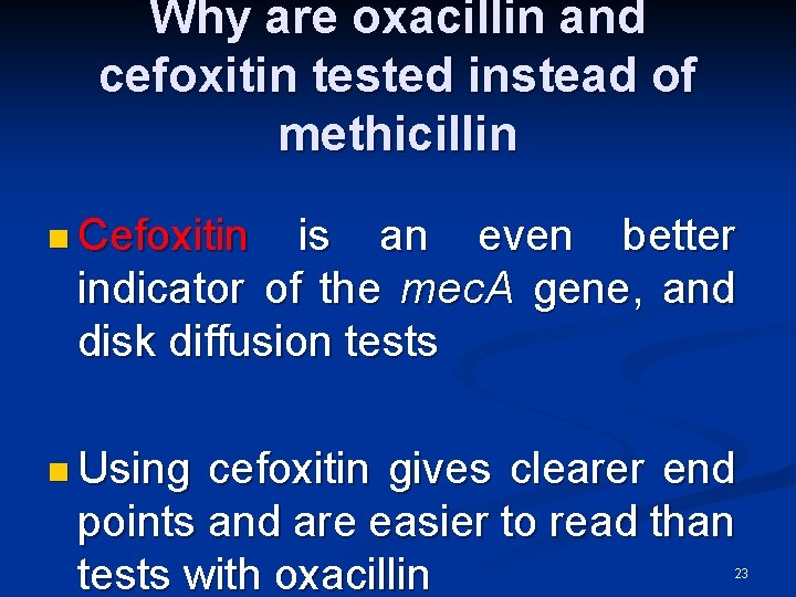 Why are oxacillin and cefoxitin tested instead of methicillin n Cefoxitin is an even