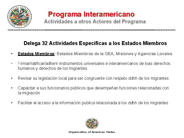 Programa Interamericano Actividades a otros Actores del Programa Delega 32 Actividades Especificas a los