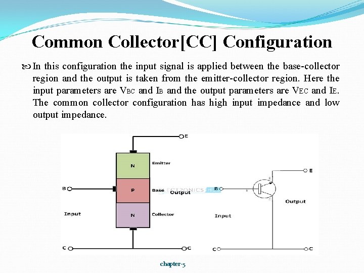 Common Collector[CC] Configuration In this configuration the input signal is applied between the base-collector