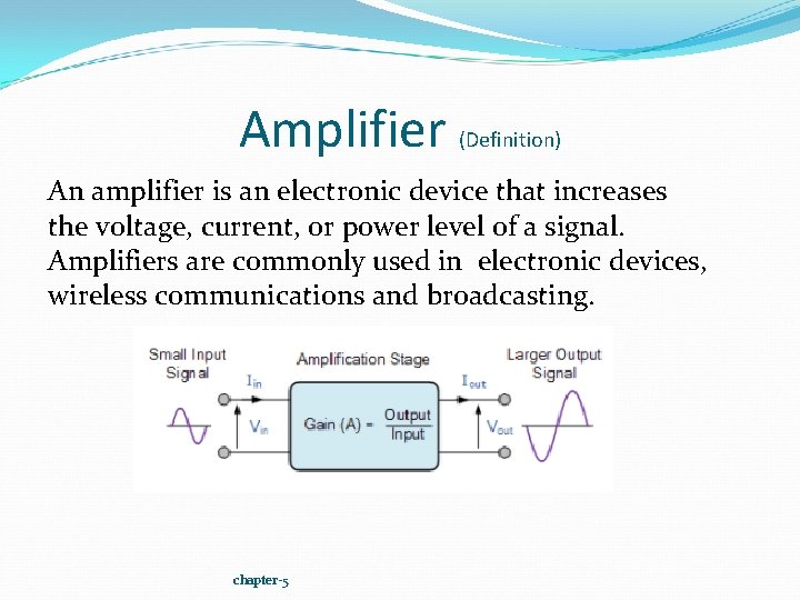 Amplifier (Definition) An amplifier is an electronic device that increases the voltage, current, or