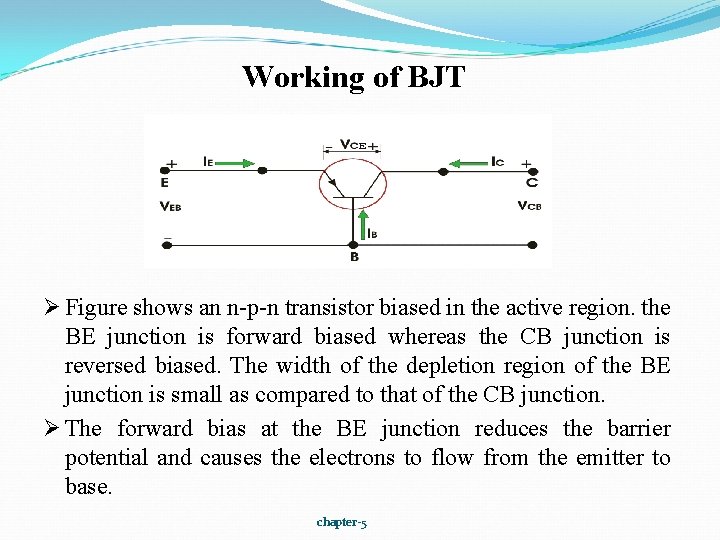 Working of BJT Ø Figure shows an n-p-n transistor biased in the active region.