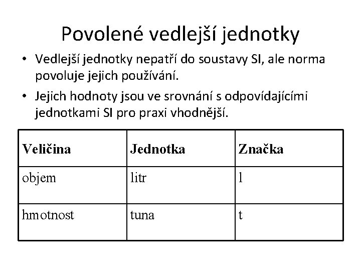 Povolené vedlejší jednotky • Vedlejší jednotky nepatří do soustavy SI, ale norma povoluje jejich