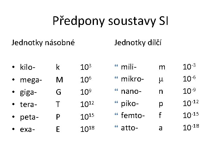 Předpony soustavy SI Jednotky násobné • • • kilo- mega- giga- tera- peta- exa-