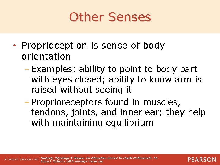 Other Senses • Proprioception is sense of body orientation – Examples: ability to point