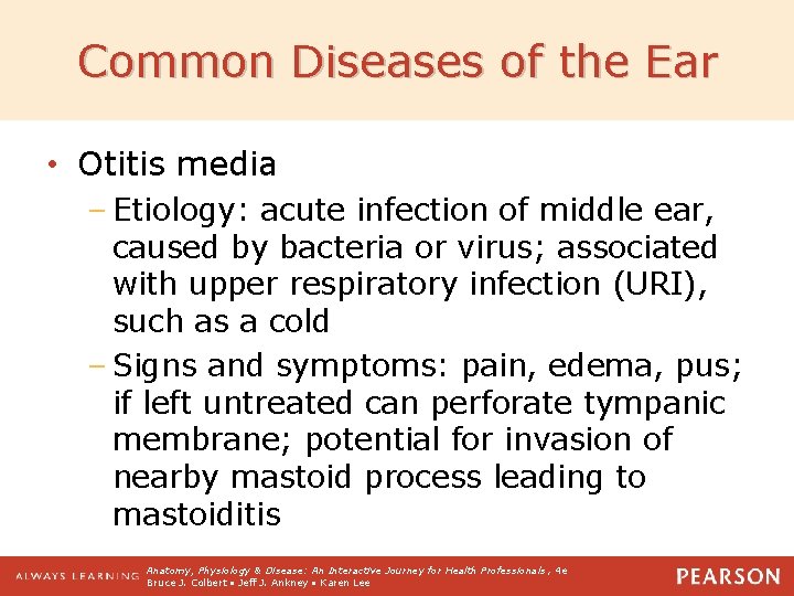 Common Diseases of the Ear • Otitis media – Etiology: acute infection of middle