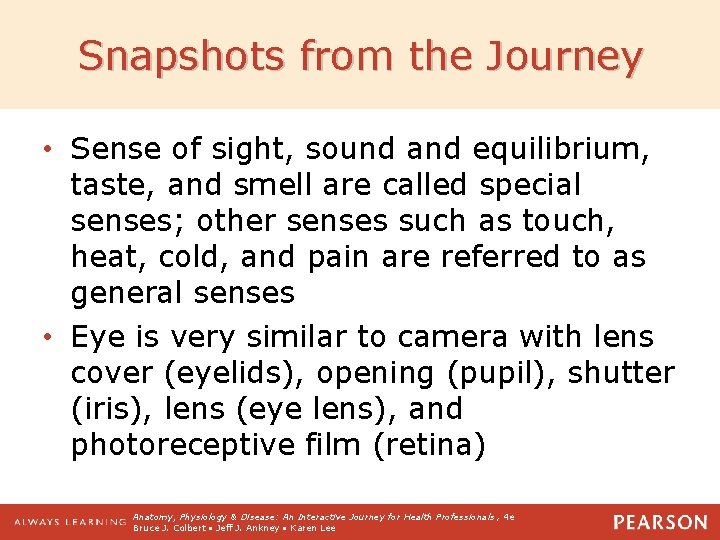 Snapshots from the Journey • Sense of sight, sound and equilibrium, taste, and smell