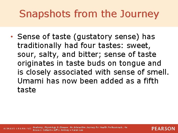Snapshots from the Journey • Sense of taste (gustatory sense) has traditionally had four