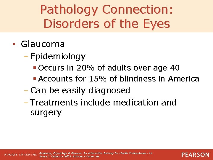Pathology Connection: Disorders of the Eyes • Glaucoma – Epidemiology § Occurs in 20%
