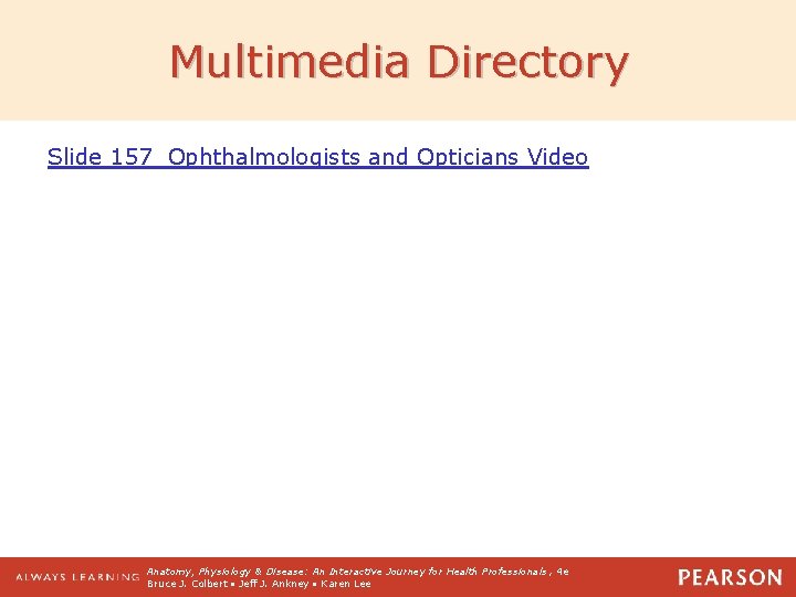 Multimedia Directory Slide 157 Ophthalmologists and Opticians Video Anatomy, Physiology & Disease: An Interactive
