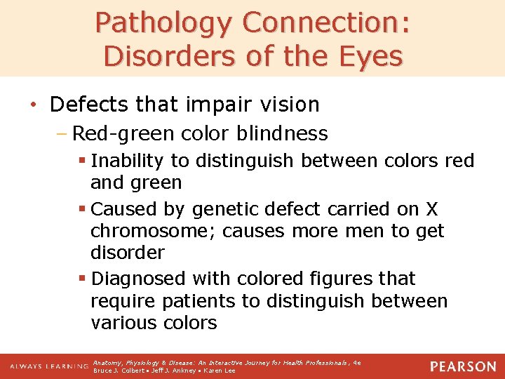 Pathology Connection: Disorders of the Eyes • Defects that impair vision – Red-green color