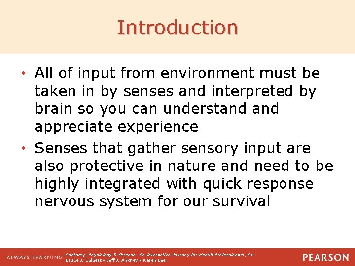 Introduction • All of input from environment must be taken in by senses and