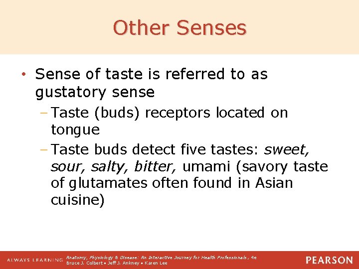 Other Senses • Sense of taste is referred to as gustatory sense – Taste
