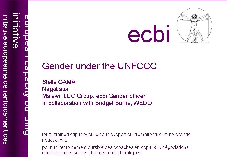 Gender under the UNFCCC Stella GAMA Negotiator Malawi, LDC Group. ecbi Gender officer In