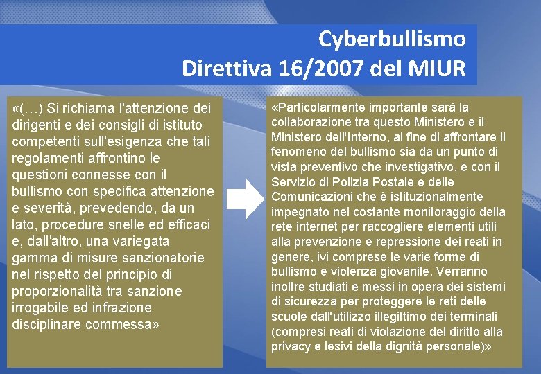 Cyberbullismo Direttiva 16/2007 del MIUR «(…) Si richiama l'attenzione dei dirigenti e dei consigli