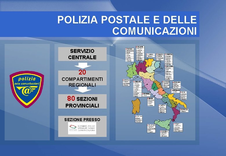 POLIZIA POSTALE E DELLE COMUNICAZIONI SERVIZIO CENTRALE 20 COMPARTIMENTI REGIONALI 80 SEZIONI PROVINCIALI SEZIONE POLIZIA POSTALE E DELLE COMUNICAZIONI SERVIZIO CENTRALE 20 COMPARTIMENTI REGIONALI 80 SEZIONI PROVINCIALI SEZIONE