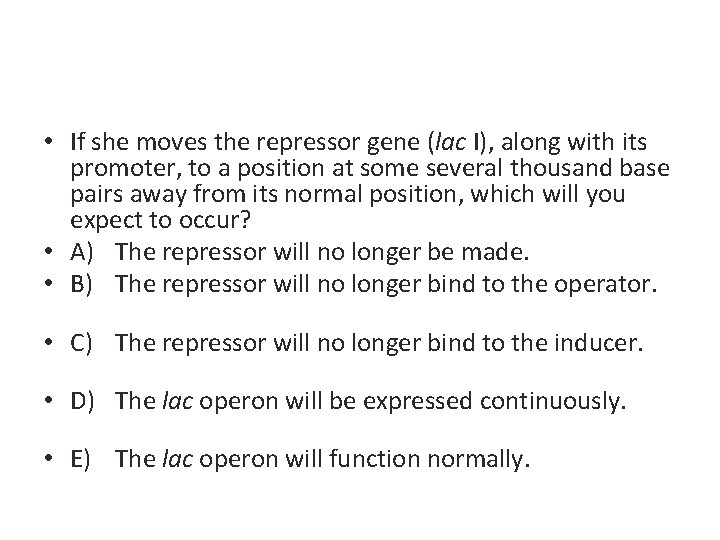  • If she moves the repressor gene (lac I), along with its promoter,