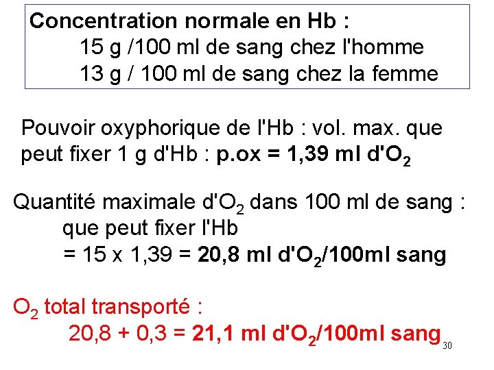 Concentration normale en Hb : 15 g /100 ml de sang chez l'homme 13