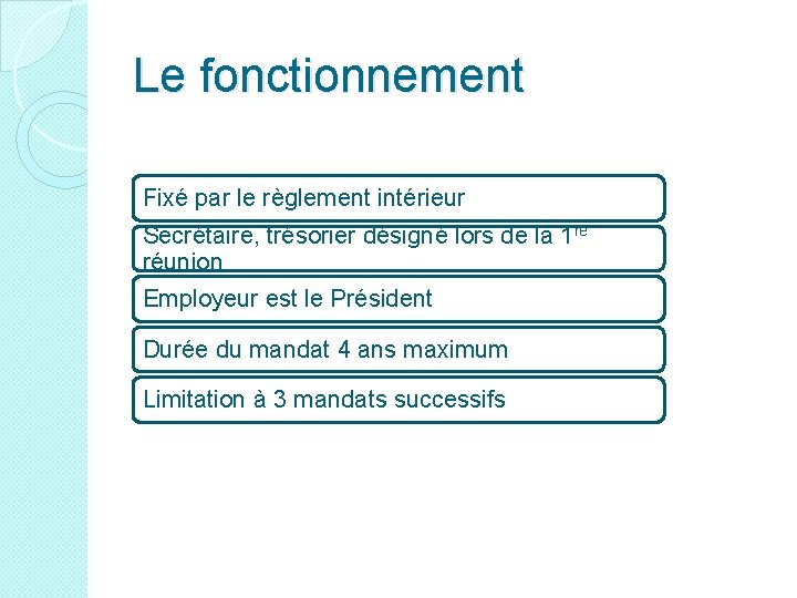 Le fonctionnement Fixé par le règlement intérieur Secrétaire, trésorier désigné lors de la 1