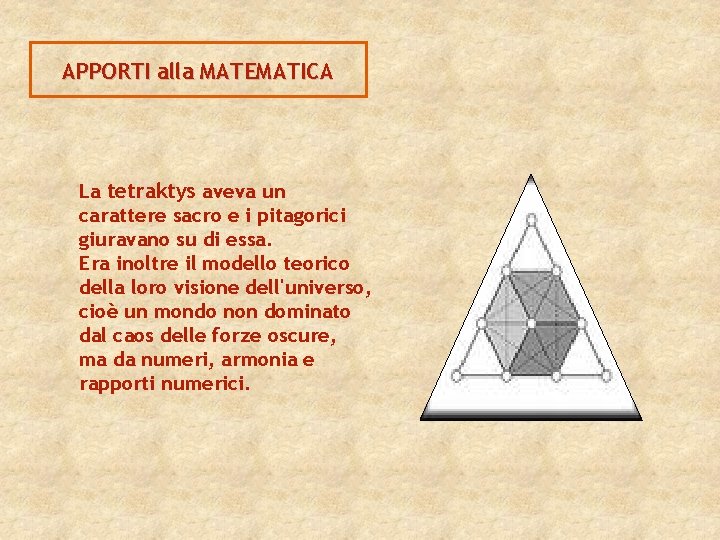 APPORTI alla MATEMATICA La tetraktys aveva un carattere sacro e i pitagorici giuravano su