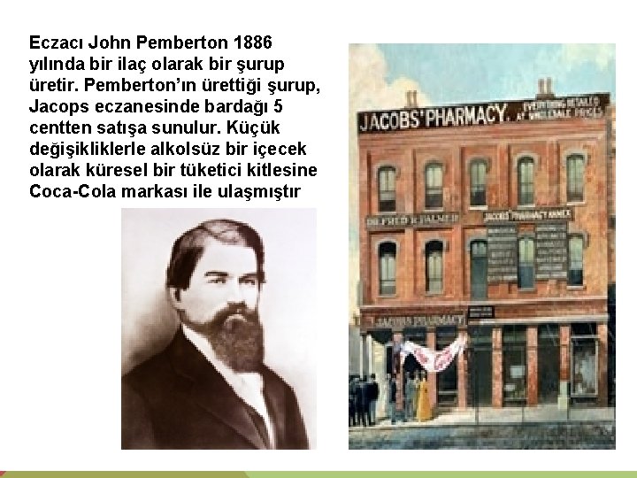 Eczacı John Pemberton 1886 yılında bir ilaç olarak bir şurup üretir. Pemberton’ın ürettiği şurup,