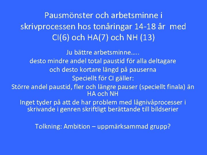 Pausmönster och arbetsminne i skrivprocessen hos tonåringar 14 -18 år med CI(6) och HA(7)