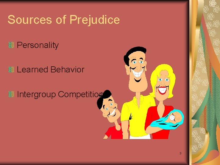 Sources of Prejudice Personality Learned Behavior Intergroup Competition 3 