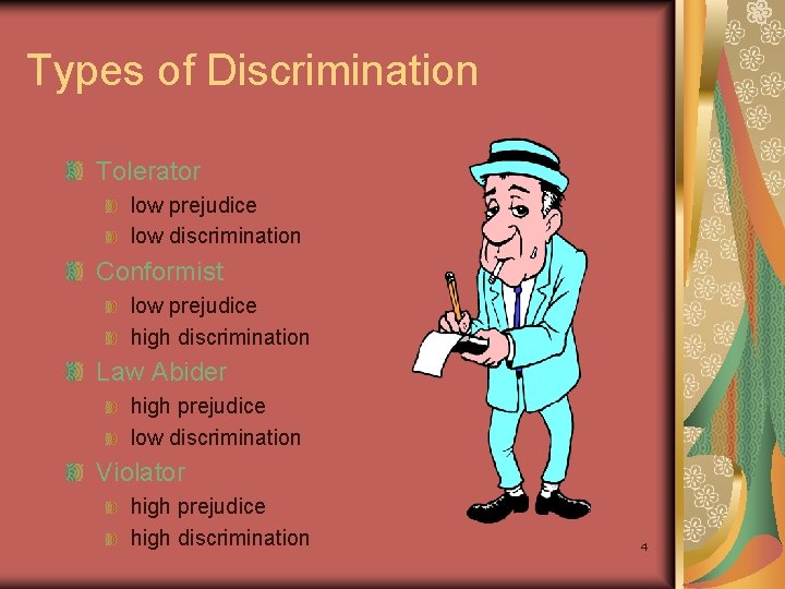 Types of Discrimination Tolerator low prejudice low discrimination Conformist low prejudice high discrimination Law