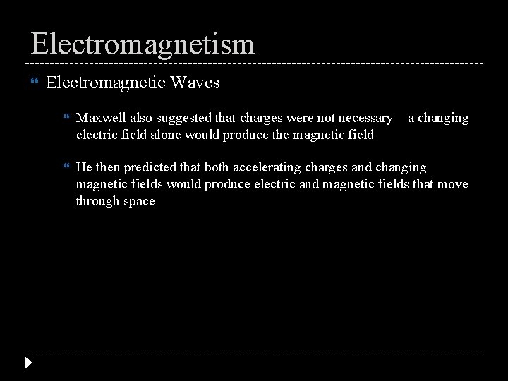 Electromagnetism Electromagnetic Waves Maxwell also suggested that charges were not necessary—a changing electric field