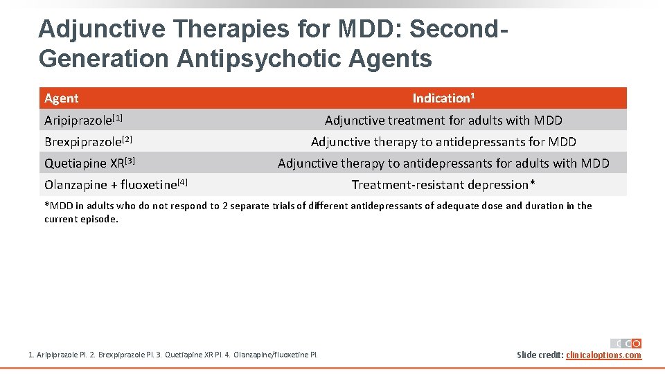 Adjunctive Therapies for MDD: Second. Generation Antipsychotic Agents Agent Indication 1 Aripiprazole[1] Adjunctive treatment