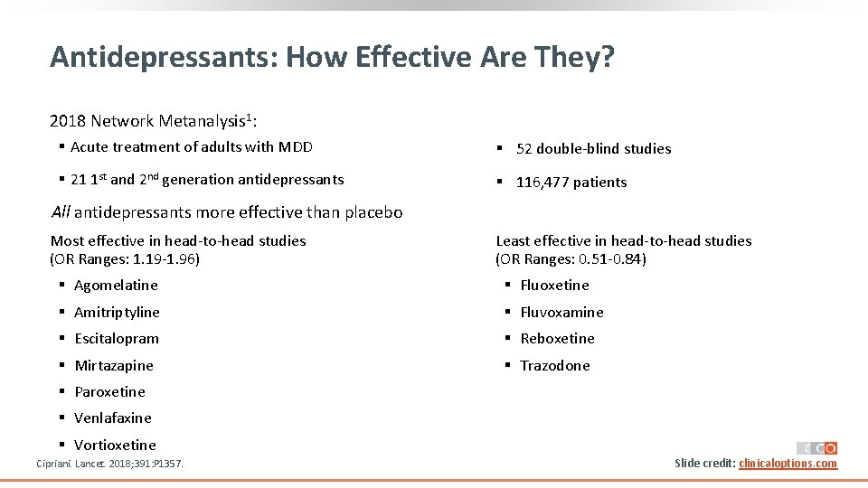 Antidepressants: How Effective Are They? 2018 Network Metanalysis 1: § Acute treatment of adults