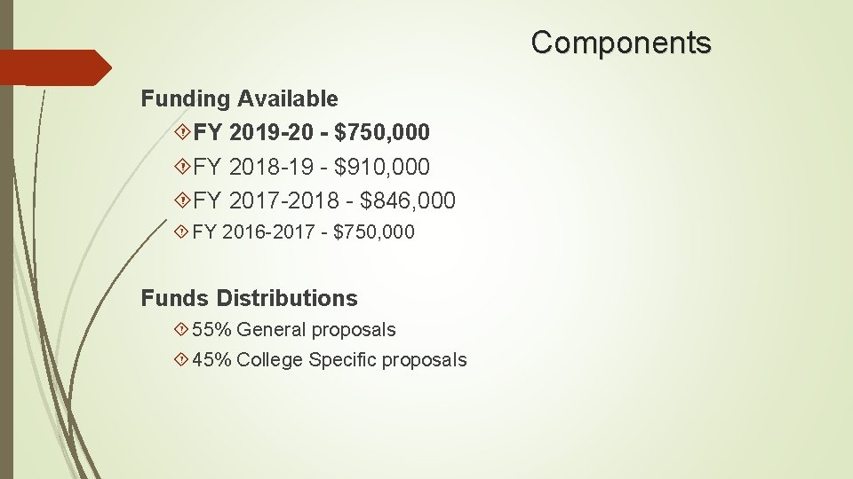 Components Funding Available FY 2019 -20 - $750, 000 FY 2018 -19 - $910,