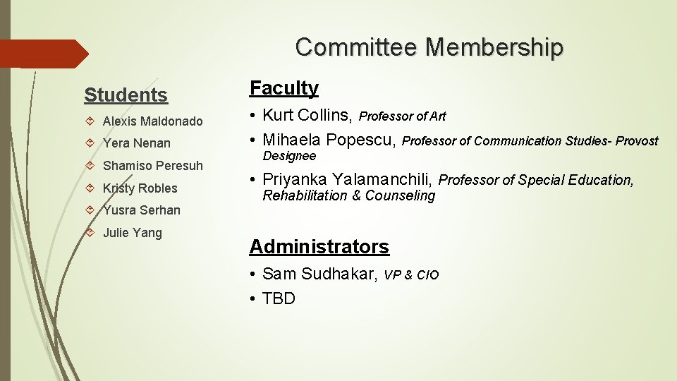 Committee Membership Students Alexis Maldonado Yera Nenan Shamiso Peresuh Kristy Robles Yusra Serhan Julie