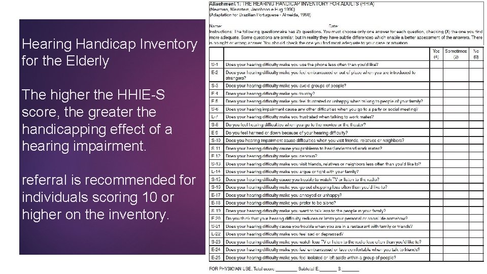 Hearing Handicap Inventory for the Elderly The higher the HHIE-S score, the greater the